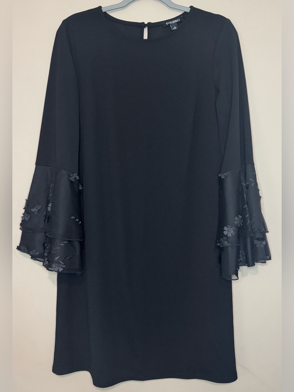 Roz & Ali Black Long-Sleeve Shift Dress with Floral Tiered Bell Sleeves